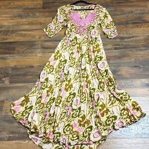 Floral Maxi Dress with Pink and Green Accents